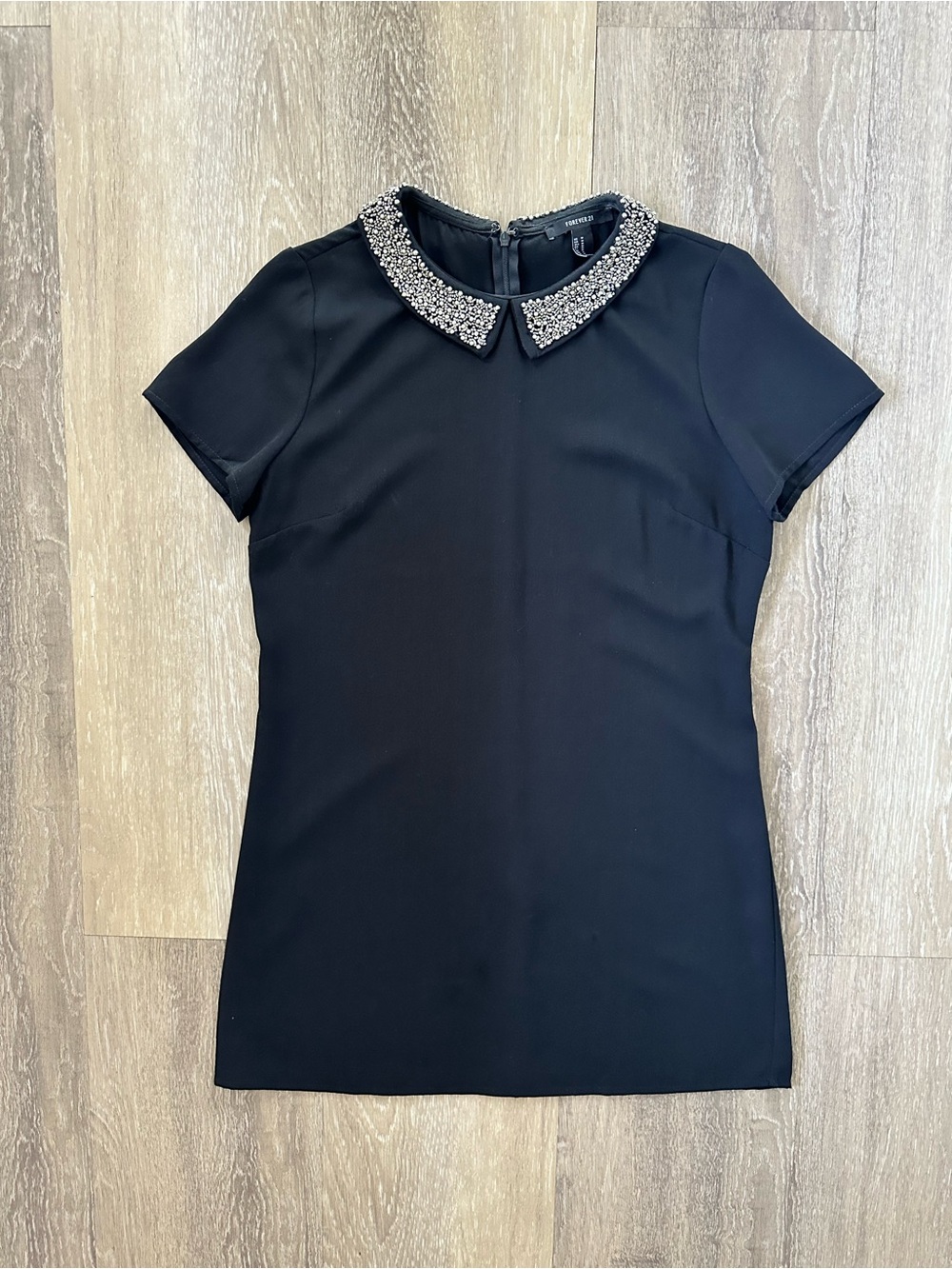 Forever 21 Black Short-Sleeve Mini Dress with Beaded Peter Pan Collar